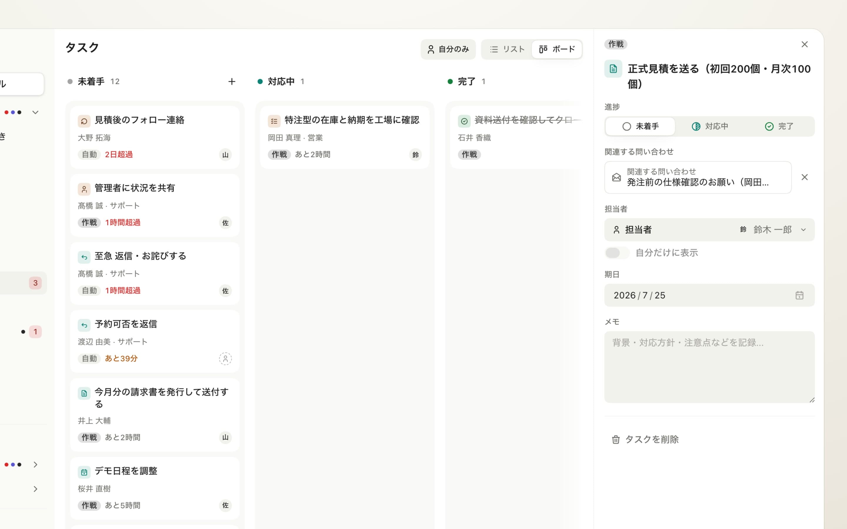 担当と期日が付いたタスクの一覧。